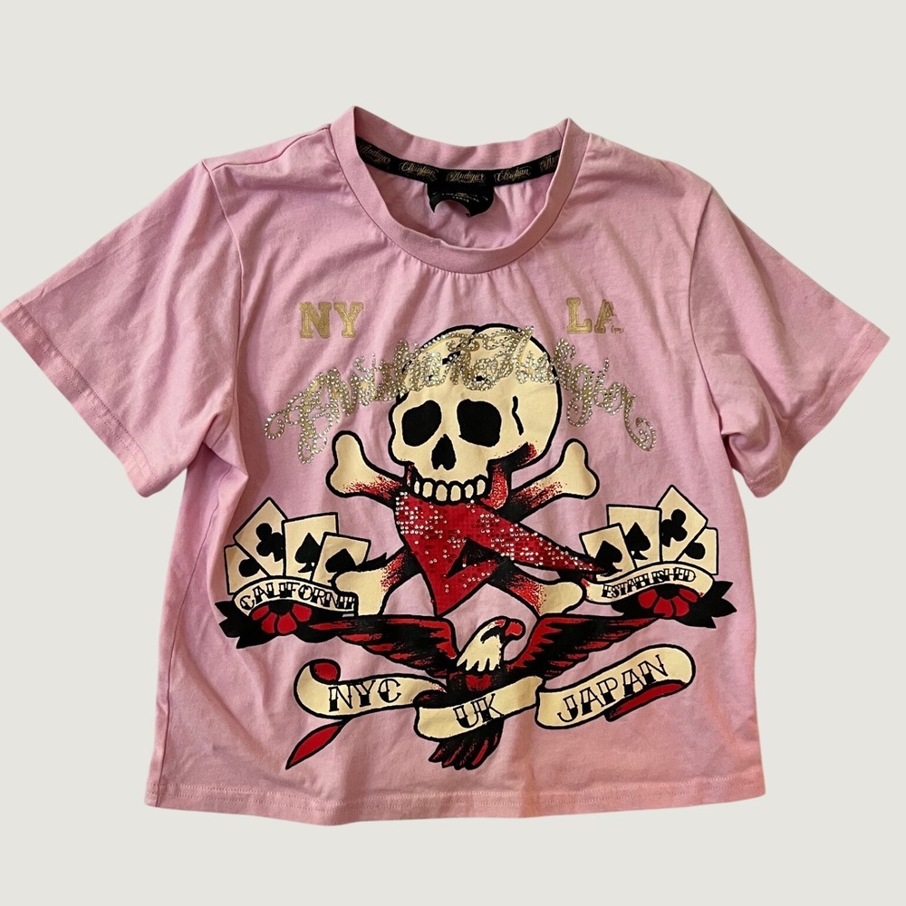 Christian Audigie T-Shirt‎ Pink Rhinestone Skull Graphic Large